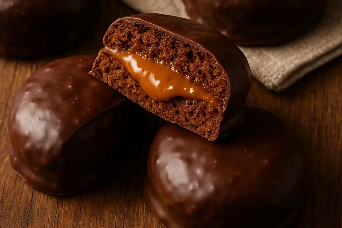 pão-de-mel-cremoso Pão de mel caseiro com cobertura de chocolate e recheio de doce de leite. Receita fácil, macia e aromática, com dicas de recheios como brigadeiro, ganache e geleia. Perfeita para vender ou saborear em casa.
