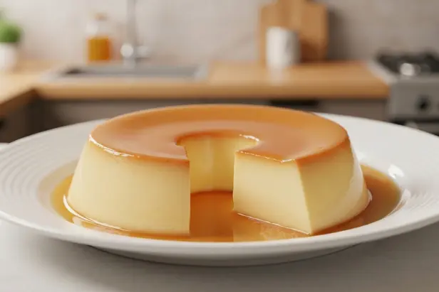 Um pudim de leite condensado cremoso e caramelizado, recém-servido, ilustrando como fazer pudim sem forno na panela de pressão de forma rápida e prática.