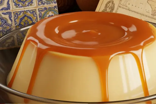 Um pudim de leite cremoso com calda de caramelo, em um cenário que evoca a cultura e a história do Brasil, ilustrando qual a origem do pudim e sua história na culinária brasileira.