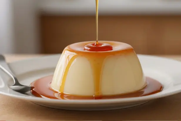Pudim de leite condensado caseiro perfeito, liso, com calda dourada em prato elegante, ilustrando a receita de pudim de leite condensado caseiro definitiva.