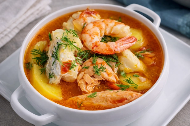 Caldeirada de peixe com camarão e legumes frescos em uma panela, pronta para servir.