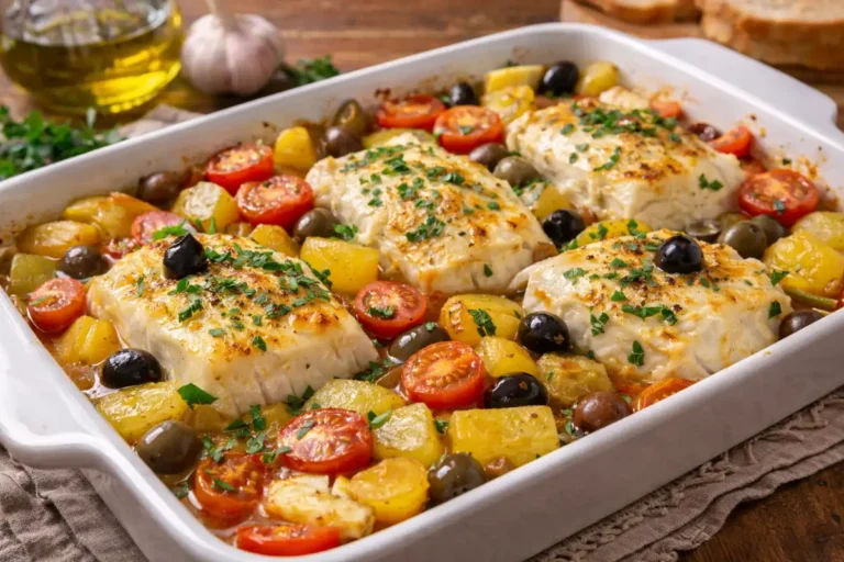 Prato de bacalhau à Gomes de Sá pronto para servir, com bacalhau desfiado, batatas, ovos e azeitonas