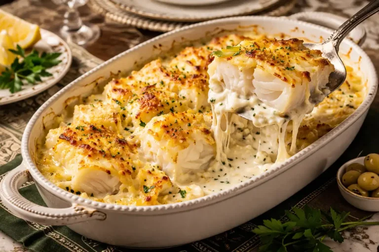 Prato de bacalhau com natas autêntico de Portugal, cremoso e gratinado.