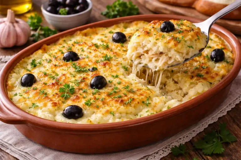 Escondidinho de bacalhau gratinado pronto para servir, com queijo dourado e cheiro-verde.