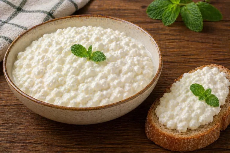 Queijo cottage caseiro fresco e cremoso servido em tigela com ervas