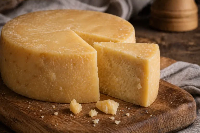 Queijo parmesão caseiro recém-feito em uma tábua de madeira