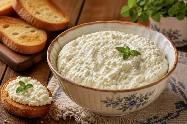 Ricota caseira fresca em uma tigela, decorada com azeite e manjericão.
