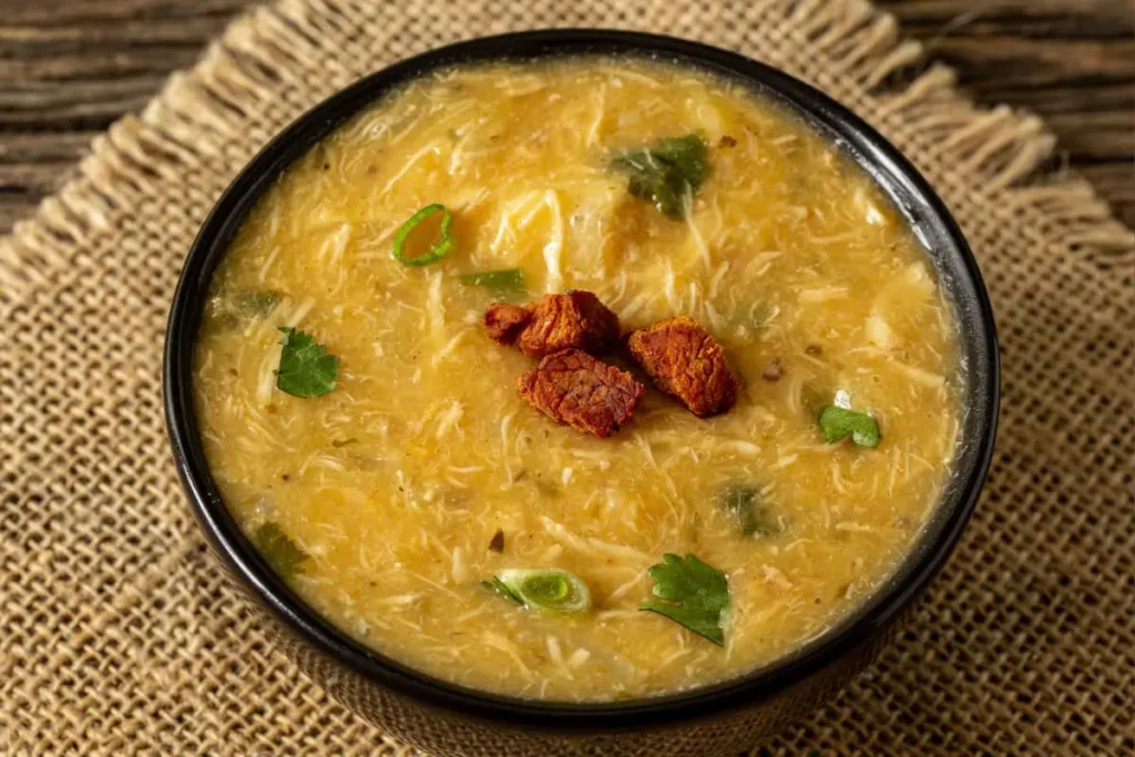 Tigela fumegante de caldo de frango com batatas cremoso, guarnecido com cheiro-verde e bacon crocante