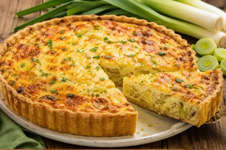 Torta quiche de alho poró dourada e apetitosa com salada verde ao lado