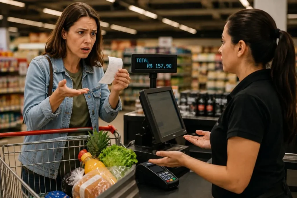 Preço diferente no caixa? Descubra quais são os seus direitos, quando o supermercado deve cobrar o menor preço e como agir nessa situação.