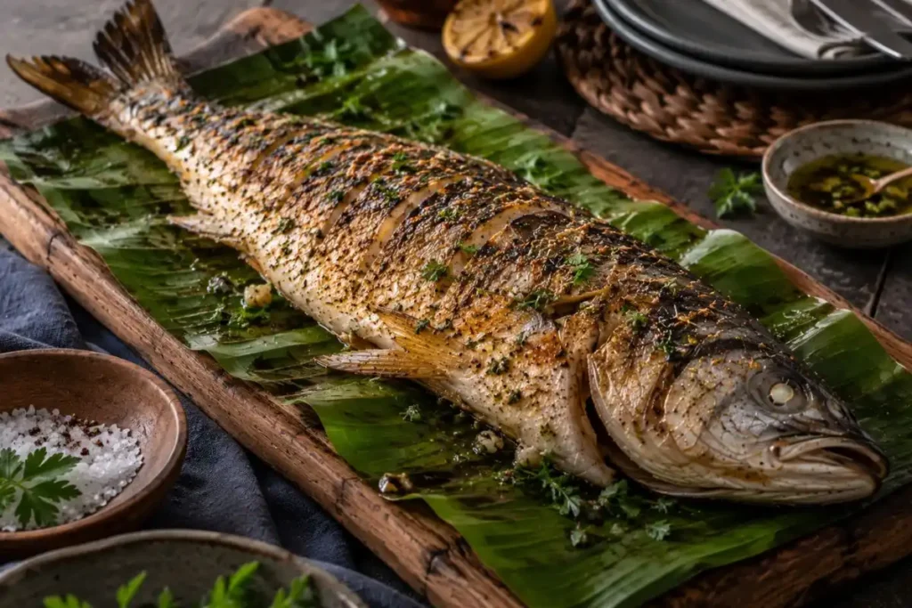 Anchova assada com legumes, batatas, pimentões e cebola preparada no forno