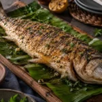 Anchova assada com legumes, batatas, pimentões e cebola preparada no forno