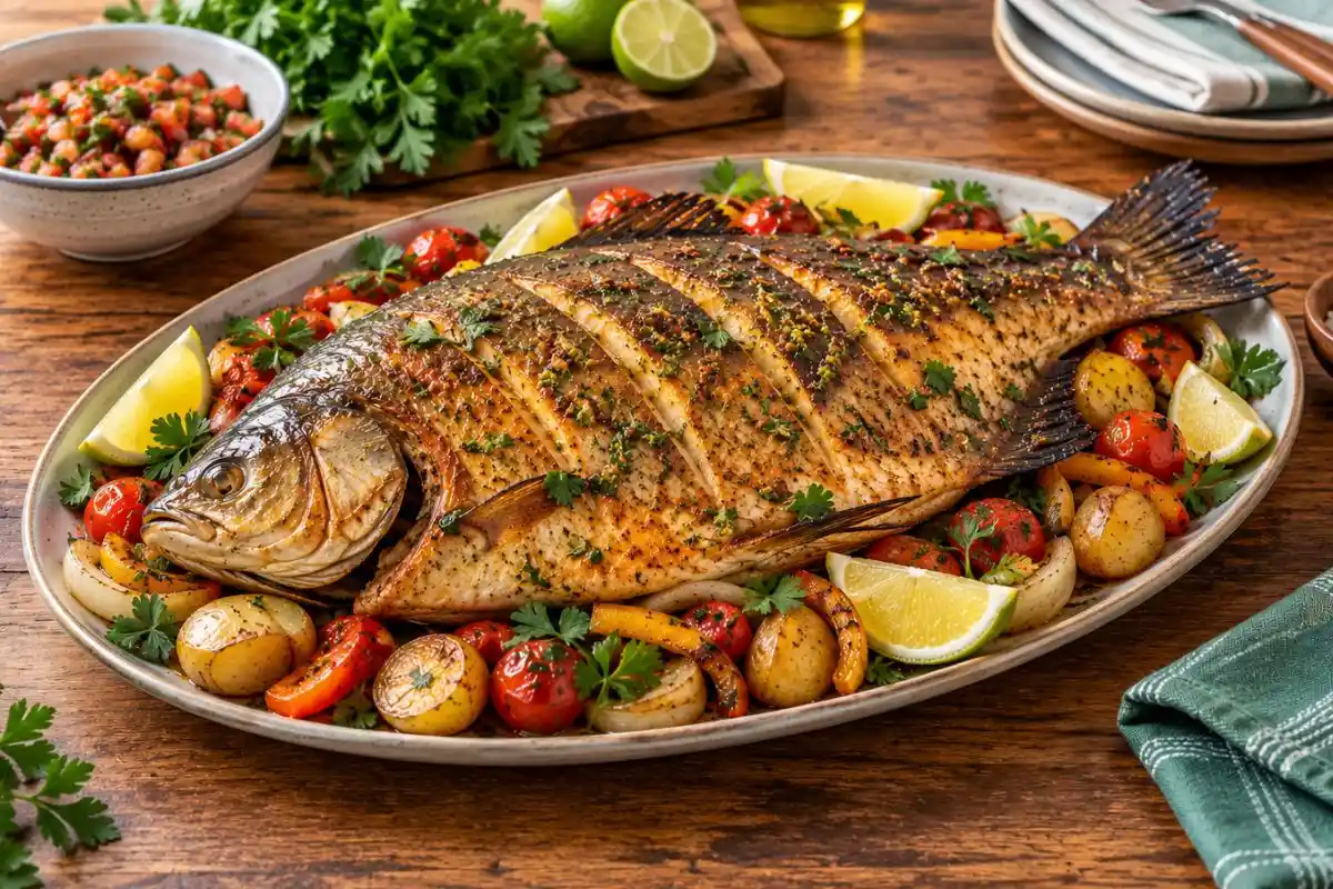 Prepare um delicioso tambaqui assado com legumes no forno, com batatas, cenoura e pimentões em uma receita completa e cheia de sabor.