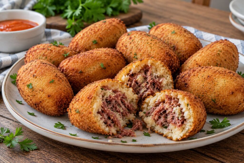 Bolinho de carne seca com batata com massa delicada e carne desfiada bem temperada. Uma receita de boteco perfeita para compartilhar com a família.