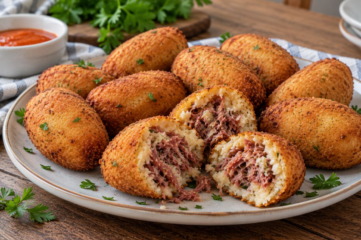 Bolinho de carne seca com batata com massa delicada e carne desfiada bem temperada. Uma receita de boteco perfeita para compartilhar com a família.