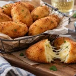 Croquete de batata com queijo com casquinha dourada, massa macia e recheio derretido. Uma delícia caseira para servir em festas e lanches especiais.