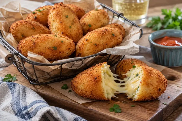 Croquete de batata com queijo com casquinha dourada, massa macia e recheio derretido. Uma delícia caseira para servir em festas e lanches especiais.
