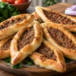 Esfiha turca de carne com massa macia, bordas douradas e recheio temperado com tomate e especiarias. Uma receita caseira para o lanche ou jantar.