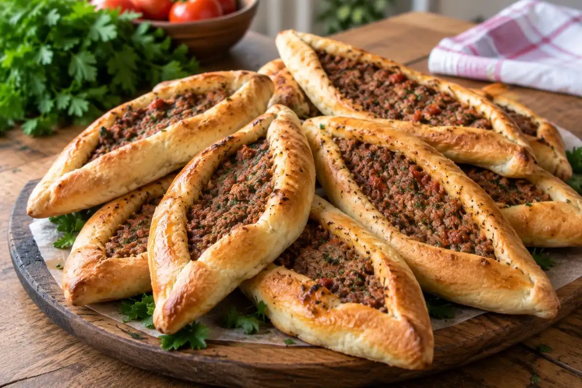 Esfiha turca de carne com massa macia, bordas douradas e recheio temperado com tomate e especiarias. Uma receita caseira para o lanche ou jantar.