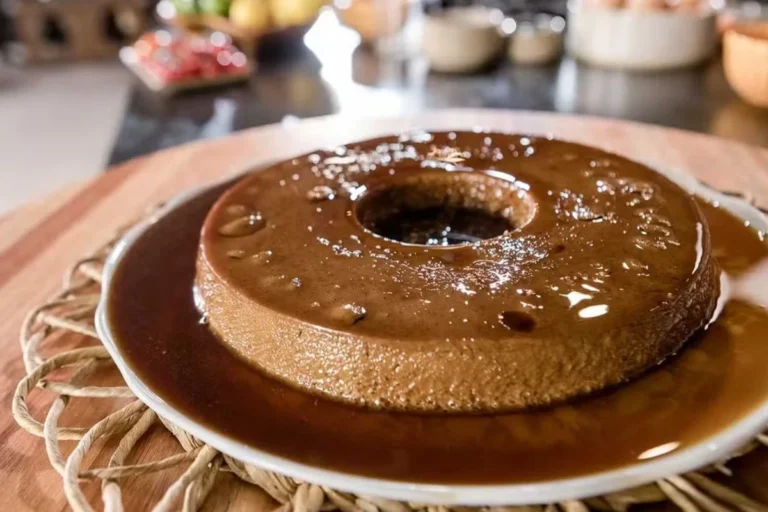 Pudim de café cremoso feito no liquidificador, assado em banho-maria e servido gelado com uma calda dourada de caramelo.