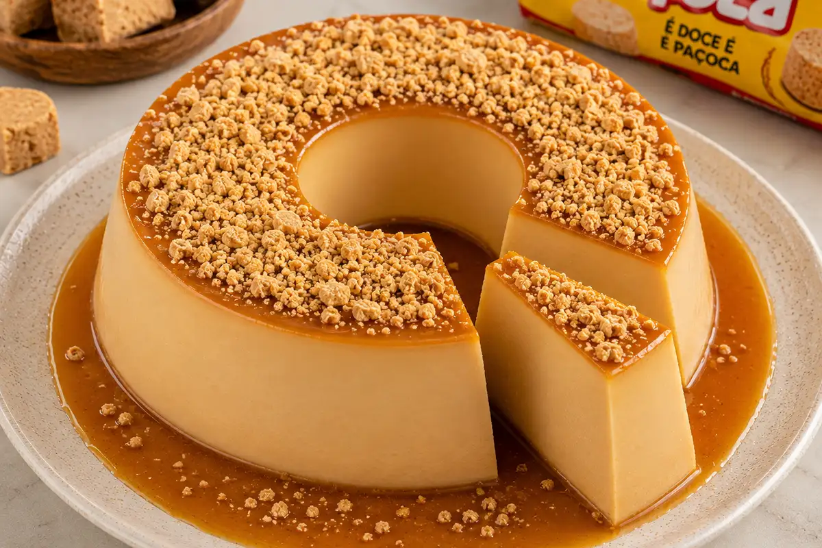 Pudim de paçoca com amendoim, leite condensado e calda de caramelo: uma sobremesa cremosa, fácil de preparar e perfeita para servir gelada.