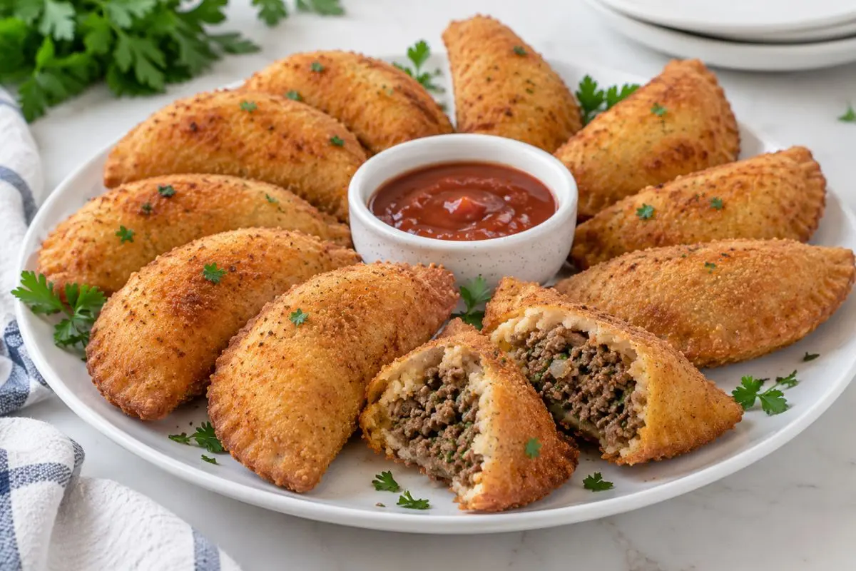 Risoles de carne moída com massa macia, casquinha dourada e recheio bem temperado. Uma receita caseira perfeita para servir em festas ou no lanche da tarde.